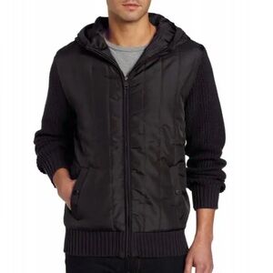 Marc New York hybrid jacket:quilted nylon body, a drawstring hood, knit sleeves.